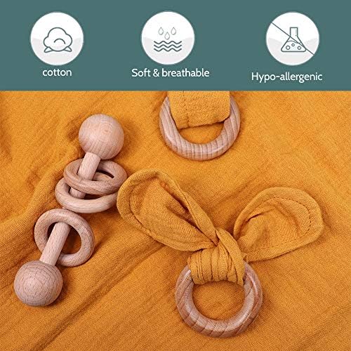 Baby Lovey, Wood Rattle, 3 Pack Montessori Gift, Ginger, 100% Cotton, Double Gauze, Baby Girl Shower Gift - Image 3
