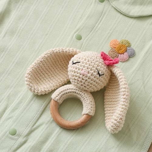 Natural Hand-Knit Wooden Baby Rattle - Soft Animal Shaped Sensory Toy for Newborns, Infants | Safe Beechwood & Crochet Texture | Perfect Baby Shower Gift - Image 2
