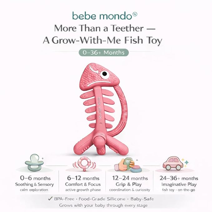 3 in 1 Infant Toys, Baby Teething Toys 3–6 6–12 Months, Teethers for Babies 0–3–6–12 Months for Teething Relief, Baby Gift, Baby Teether Toys, Silicone Sensory Toys, USA Patent Pending, Fish (Coral)