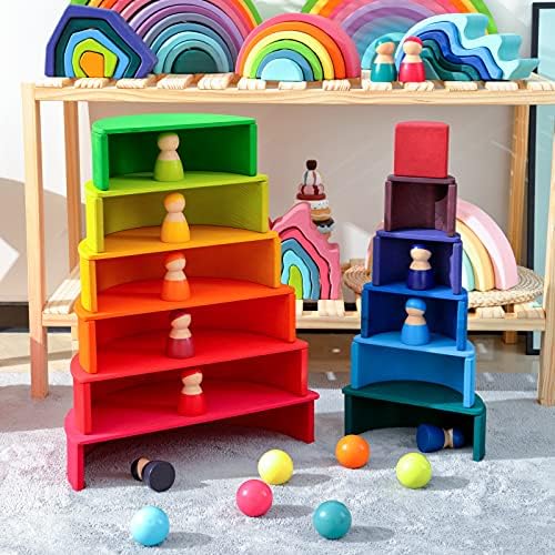 Wooden Rainbow Stacking Toy - 12 Pieces Extra Large Montessori Wooden Stacking Arch Educational Toys, Nesting Puzzle Building Blocks for Kids Toddlers (Rainbow Stackers) - Image 6