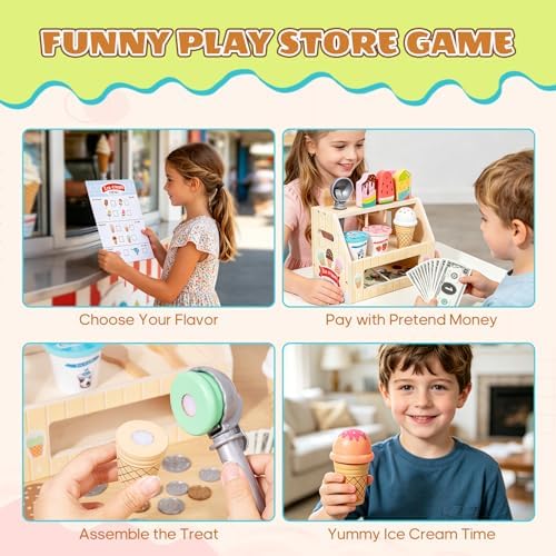 BROWNROOT Wooden Ice Cream Shop Toy with Menu and Play Money for Kids - Image 4