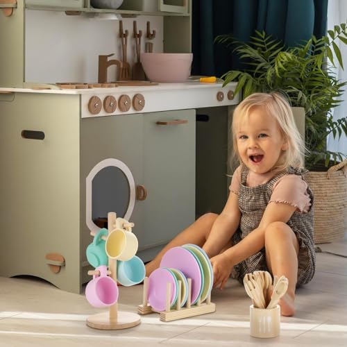 GAGAKU Kids Wooden Play Dishes Set -27Pcs Montessori Play Kitchen Accessories Plates and Bowls Set, Storage Stand & Play Food, Pretend Cooking Toys for Ages 3-5, Educational Gift for Toddler - Image 5