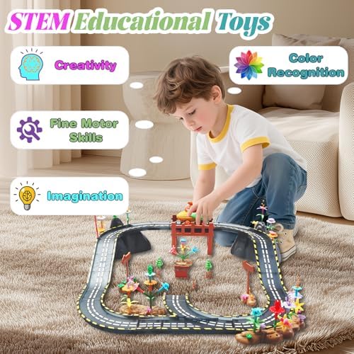 SKTMYY 153PCS Magnetic Tiles Road Set with Toy Car & Flowers Building Toy, Magnet Tiles for Kids, Magnetic Building Blocks, STEM Toy Gift for Boys and Girls, Garden Track Themed - Image 4