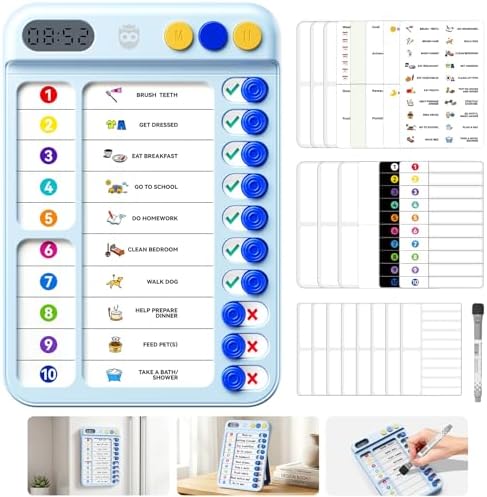 Chore Chart for Kids with Visual Timer, ADHD Tools Visual Schedule Planning Board with Slider, 20 Personalizable Cards and Magnetic Marker, Morning/Bedtime/Daily Routine Chart Checklist - Blue by Home
