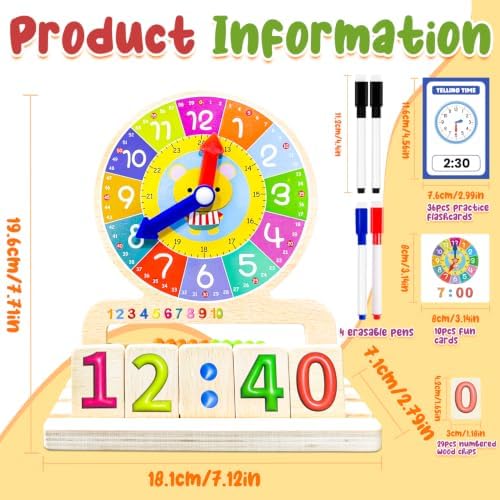 Wooden Teaching Clocks for Kids, Analog Clock Time Learning Activity Toy - Image 5
