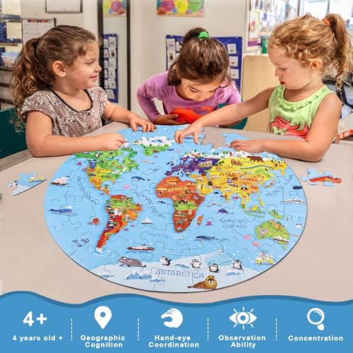 DIGOBAY World Map Jigsaw Puzzle for Kids 4-8, 70 Piece Large Round Floor Puzzles for Kids Ages Toddler Puzzle Globe Geography Games Educational Toys Birthday for Children - Image 6
