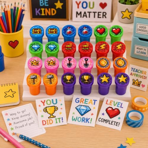 Cinrobiye 24 Pcs Pixel Stampers Party Favor Set, Cute Pixel Art Stamps for Kids Birthday Party, Classroom Rewards, Gaming Themed Party Supplies, Goody Bag Fillers, Retro Pixel Toys - Image 6