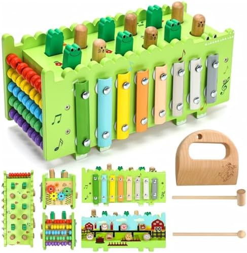 Wooden Activity Cube Montessori Toys for 1.5+ Year Old Boys Girls | Hammering Pounding Toys with Abacus, Educational Activities Toys with Xylophone (Crocodile) by Bsrvtoyer