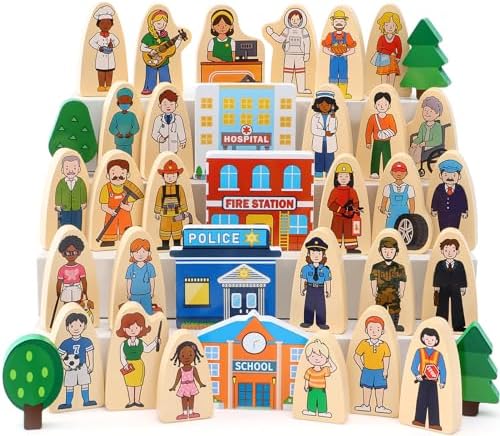 Atoylink 36Pcs Wooden Community Helpers Pretend Play Toys for Kids 3 4 5 6 Year Old, Wooden People Figures Blocks Occupations Dress up Toddlers Preschool Learning Toys Boys Girls Birthday Gifts by ATOYLINK
