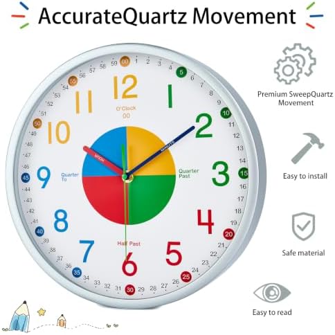 HZDHCLH Kids Wall Clock for Learning to Tell Time, 8 Inch Silent Non Ticking Analog Clock with Four Color Time Disc Battery Operated Educational Clock for Classroom, Bedroom, Homeschool(Pale Silver) - Image 3