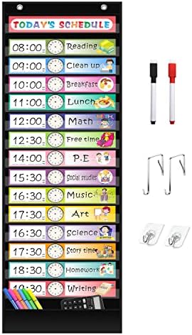 REGELETO 15+1 Pockets Daily Schedule Pocket Chart with 30 Pcs Double-Sided Reusable Cards, Scheduling Pocket Chart for Classroom Office Home School Activity(Black) by REGELETO