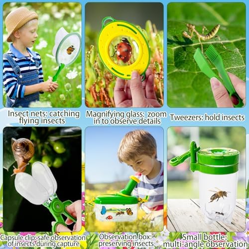 Bug Catcher Kit for Kids,8 Pcs Kids Bug Habitat with Bug Collector Butterfly Net Magnifying Glass Binoculars Tweezer Hats,Outdoor Explorer Kit for Boys Girls 3-12 Years Old - Image 3