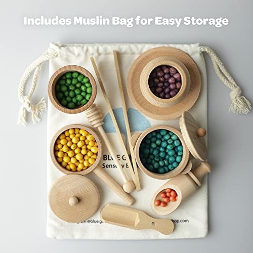 Blue Ginkgo Sensory Bin Tools – Montessori Fine Motor Skills Learning Set for Toddlers and Kids Pretend Play [9 PC] Kitchen Wooden Set with Scoops, Bamboo Tongs - Image 4