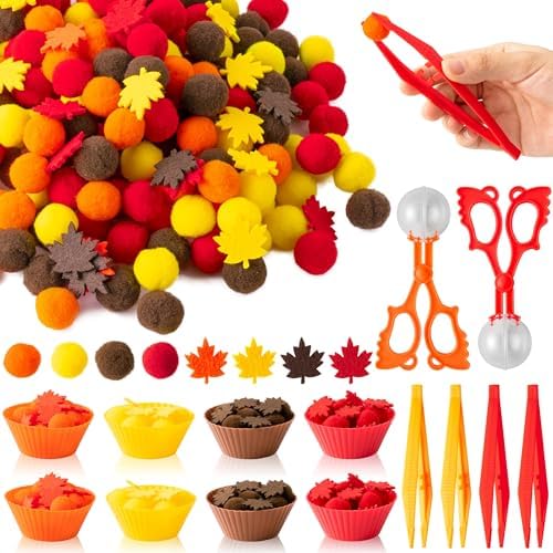 EZdhuawuse Fall Sensory Bin Fillers - 294P Fall Thanksgiving Fine Motor Toys Counting Sorting Set for Kids Autumn Counting Toy with Felt Maple Leaf Pom Poms Cup Clip for Preschool Education Activities by EZdhuawuse