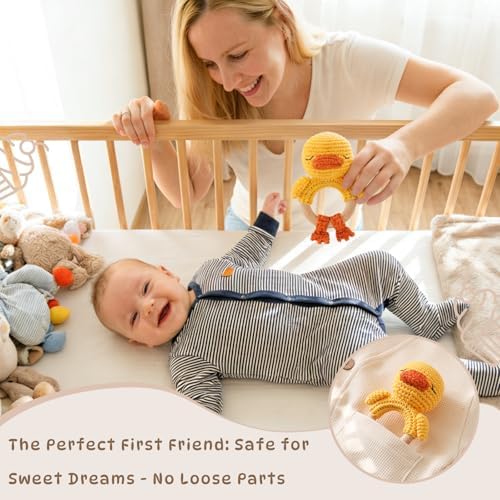 Moyii Handmade Crochet Baby Rattle Toy, 100% Organic Cotton Amigurumi Animal with Natural Beech Wood Teether Ring, Soft Sensory Newborn Toy, Montessori Nursery Gift for Boys & Girls - Image 5