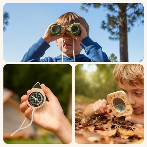 WOODEN TEETHER Nature Explorer STEM Kit with Adjustable Bug Viewer, Outdoor Science Exploration Set for Kids Ages 4-8, Montessori-Inspired Screen-Free Toys with Binoculars, Compass & Magnifying Glass - Image 2