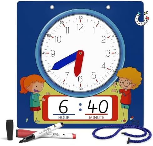 Scribbledo Learning Clock for Kids 13" Dry Erase Teaching Clock with Movable Hands Analog & Digital Time, Magnetic Backing, Hanging String & 2 Markers Classroom Homeschool by Scribbledo