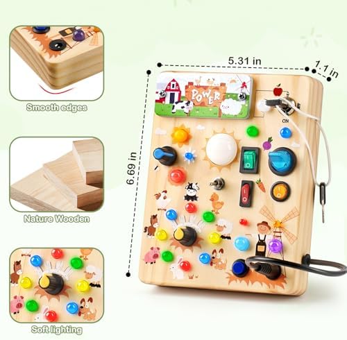 Sanlebi LED Busy Board for Toddlers 1-3,Montessori Toy with Key Switch, Light Up Wood Activity Sensory Board for Fine Motor Skills, Educational Travel Toy Gift for 1 2 3 Year Old Boys Girl - Image 5