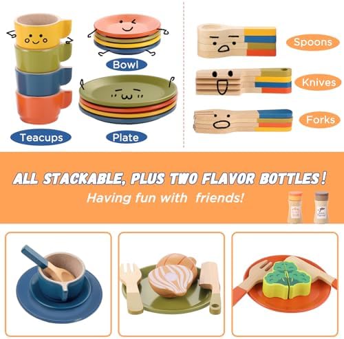GAGAKU Wooden Play Food Sets for Kids Kitchen, Montessori Wooden Play Food Toys with Plates and Dishes for Toddler Boys & Girls Gifts - Image 2