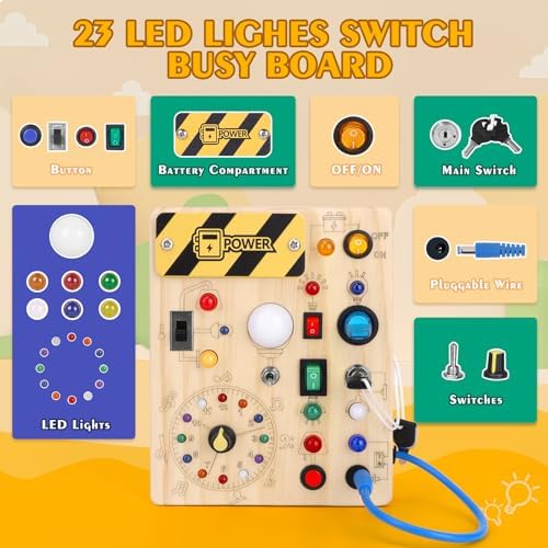 Hoarosall Montessori Toys Clock Wooden Busy Board with 11 LED Light switches, Tooddler Sensory Travel Toys for 1+ Year Old Baby and Toddler - Image 2