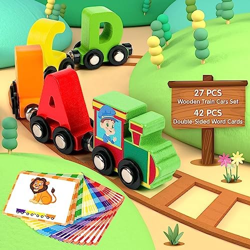 Vanmor 27 PCS Magnetic Wooden Alphabet Train Sets | ABC Letter Learning Toy Trains with 42 PCS Flash Cards, 1 Engine, 1 Storage Bag | Toddlers Kids Boys Girls Educational Toys for 3 4 5 6 7 Years Old - Image 2