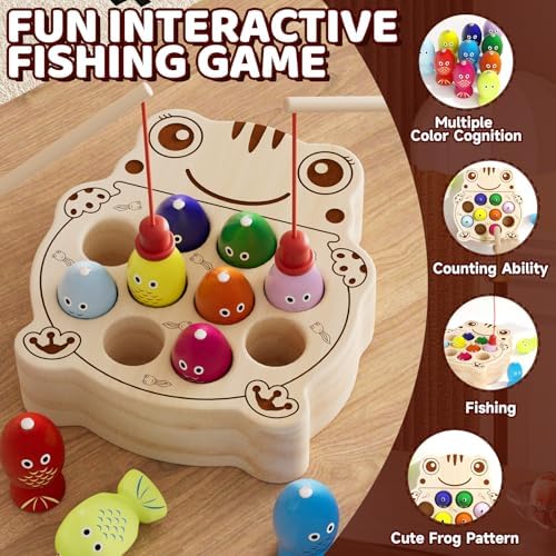 Wooden Magnetic Fishing Game for Toddlers 1-3, Montessori Sensory Busy Board Fine Motor Skills Toys for 1 2 3 Years Old Boys Girls (Frog B-Fish Game) - Image 2