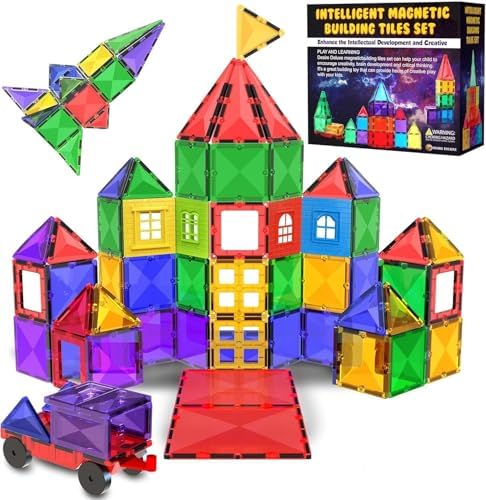 Magnetic Tiles Building Blocks Toy - STEM Educational Magnet Set for Kids, Creativity Preschool Learning Sensory Montessori Toddler Toys for Boys & Girls 3+ Years Old - 57PC by DesireDeluxe