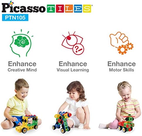 PicassoTiles STEM Learning Toys 105 Piece Building Block Set Kids Construction Engineering Kit Toy Blocks Children Early Education Playset w/IdeaBook, Power Drill, Clickable Ratchet, Age 3+ PTN105 - Image 4