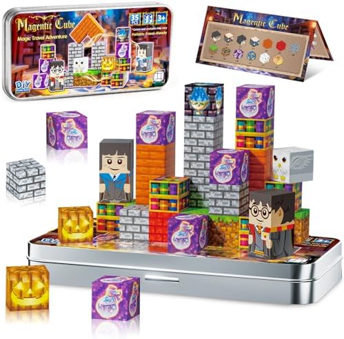 Magnetic Blocks Magic World Travel Toys, 35 PCS Mini Magnetic Building Cubes with Metal Storage Case for Kids Ages 3-8, STEM Montessori Construction Toys for Toddlers, Airplane & Car Ride Essentials by EPEXERCISENPLAY