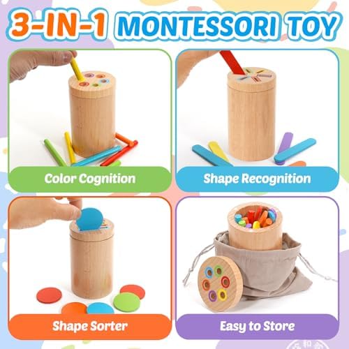 Montessori Toys for 1-3 Year Old, 3 in 1 Wooden Color Sorting Stacking Travel Toy for Toddlers 18+ Months with Magnetic Lid, Birthday Christmas Learning Gift for 2-4 Year Olds Boys Girls - Image 3