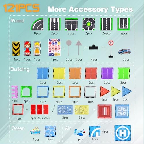 121PCS Magnetic Tiles Road Set with Pullback Cars. Magnet Tiles for Building Construction Toys with Ship, Airplane, Traffic Sign, STEM Magnetic Tiles for Kids Ages 4-8, Educational Gifts for Ages 3+ - Image 5