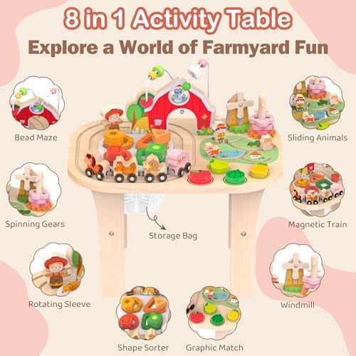 Kids Wooden Farm Activity Table for 1 2 3 Years Old, Montessori Learning Toy with Bead Maze, Shape Sorter & Animal Train, Sensory Development Toy for Toddlers, Educational Gift for Baby Boys Girls 1+ - Image 2