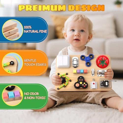 Umnodobn Montessori Busy Board for Toddlers, 11-in-1 Sensory Learning Travel-Friendly Activity Board, Fine Motor Skills Toy, Screen, Birthday Holiday Presents for Boys Girls - Image 7