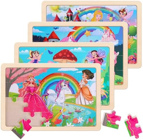 Wooden Jigsaw Puzzles for Preschool Kids Ages 3-5, 4-Pack with 20 Pieces Unicorn Princess Wood Puzzles Set, Preschool Gifts for Boys Girls Ages 3 4 5 6 by NASHRIO