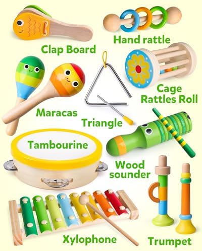 Coogam Wooden Musical Instruments for Toddlers, Tambourine Xylophone Castanet Flute Maracas Playset, Wood Percussion Rhythm Music Toy, Montessori Educational Learning Gift - Image 3