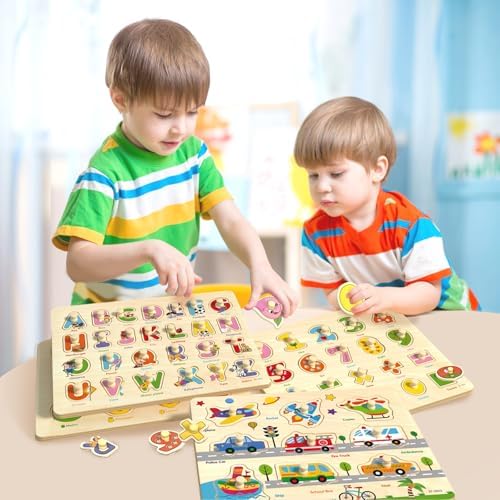 Wooden Peg Puzzles for Toddlers 2-4, 6 Pack Educational Peg Puzzles Montessori Toys, Learning Puzzles for Kids Girs Boys 1-3 3-5 with Alphabet Number Animal Vehicle Shape - Image 5