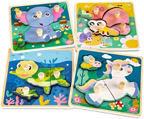 Chunky Wooden Puzzles for Toddlers 1-3: 4 PCS Animals Peg Puzzles Toys by Funsland