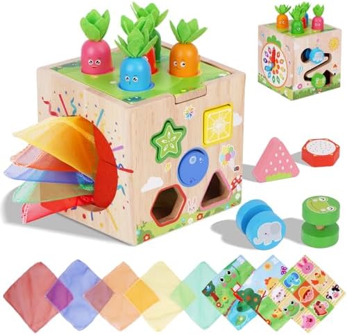 KMTJT Wooden Activity Cube - Montessori Toys for 1 2 3 Year Old Toddlers by KMTJT
