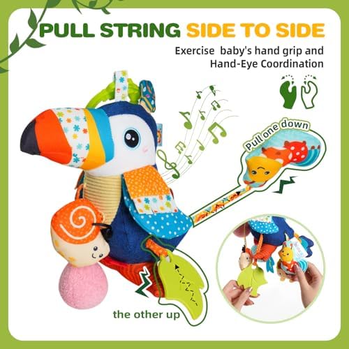 Jollybaby Musical Activity Pull String Hanging Toy for Baby Stroller Car Seat Crib Play Gym, Plush Stuffed Toucan Toy for Carseat with Music Teether Rattles, Sensory Toy for Baby Gift - Image 3