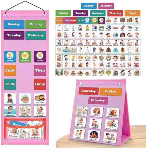 PITCOTT Visual Schedule for Kids Chore Chart，3 in 1 Daily Schedule Board Routine Pocket Chart Cards for Toddlers,Autism Learning Materials Tool Wall Planner for Home School with 103 Cards （Pink） by PITCOTT