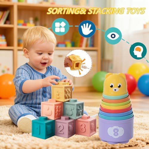 Baby Toys 6-12 Months, Montessori Toys for 1 Year Old, Silicone Pull String Teether Toy, Stacking Building Blocks Infant Toddler Toy 0-3, Shape Bin Sensory, Baby Boys&Girls Gifts Set - Image 2