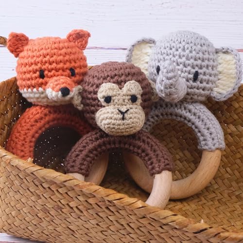 Joliecraft Safari Animals Wooden Baby Rattle Toys Stuffed Crochet Rattle with Teether Ring for Newborn, Orange Fox - Image 3