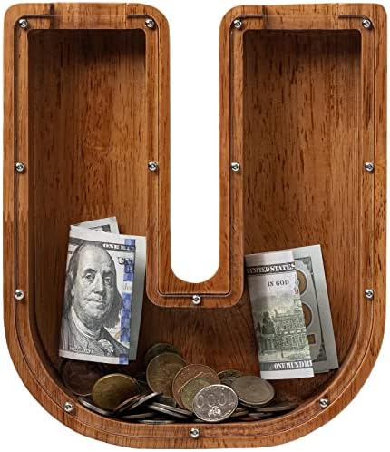 Piggy Bank for Kids Boys Girls, Wooden Large Letter Piggy Bank Alphabet Money Bank with Initial U, Coin Bank Fun Gifts for Birthday, Christmas, Festival, Baby Shower - Image 2
