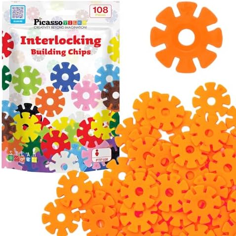 PicassoTiles Building Chip Interlocking Disc Construction Blocks in Orange Color STEM Learning Early Education Toy Engineering Playset Child Brain Development for Toddlers Girls Boys Kid Age 3+ PTF108 by PicassoTiles