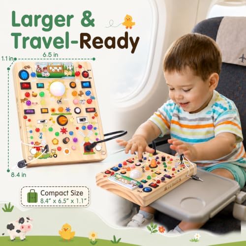 HarVow Busy Board with LED Light Switches, Montessori Toys for 1 2 3 Years Old, Toddlers Wooden Toy Sensory Activity Board, Travel Toys for 1+ Year Old Boy & Girl Birthday Gift (Farm 19 Switches) - Image 5