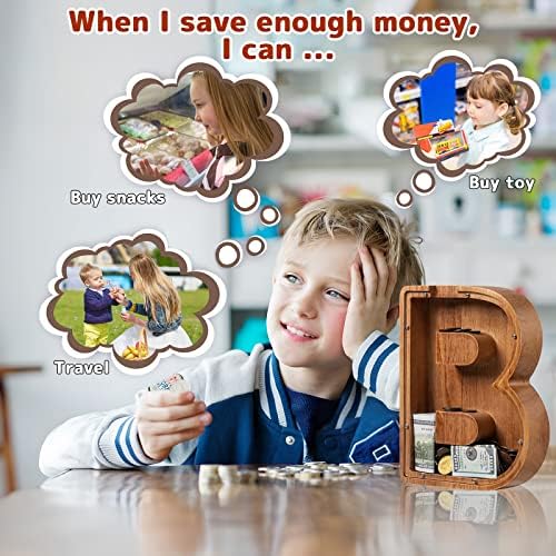 Personalized Large Wooden Kids Letter Piggy Bank - (Laser Engraved) Custom Piggy Bank for Boys Girls - Wooden Banks with Initials - Alphabet Money Box Bank Birthday Letter B Bank - Image 5