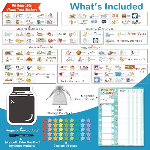 JJPRO Magnetic Reward Chart for Kids with Reward Jar- Behavior Reward Chart System, Toddlers Daily Routine,Visual Schedule Board,96 Reusable Stickers& 45 Star Tokens to Motivate Responsibility-Blue - Image 6
