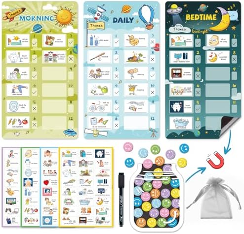 JJPRO Magnetic Bedtime/Morning/Daily Routine Chart for Kids with Reward Jar-Bedtime Checklist Toddler Reward Jar,Magnetic Chore Chart for Kids,Daily Routine Reward Chart -Outer Space by JJPRO