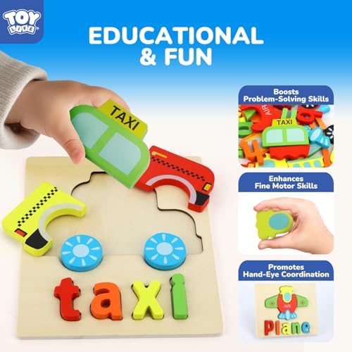 TOY Life Toddler Puzzles Ages 2-4, 4 Vehicles with Spelling Wooden Puzzles for Toddlers 3-5, Montessori Toys Gifts for 1 2 3 Years Old Boys Girls, Christmas Birthday Gifts Learning Toys for Kids - Image 3
