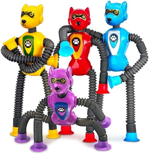 4PC Robot Dog Sensory Pop Tube Travel Toys for Boys Toddler Kid Airplane Car Toy Activities Autistic Road Trip Suction Tube for Boy 3 - 8 ADHD Autism Easter Basket Stuffers Valentine Gift by CHESLICR